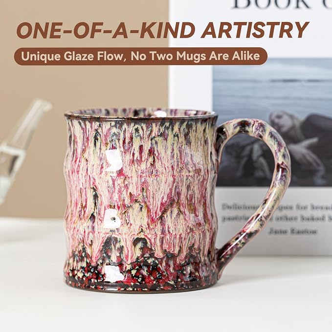 Unique Reactive Glaze Ceramic Coffee Mug - 15 oz Large Coffee Cup with Ergonomic Handle, Handmade Lava Red Ceramic Mug for Office & Home, Great Birthday Gift for Women, Men & Friends, Microwave Safe