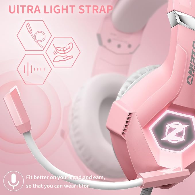 Ozeino Gaming Headset for PC, Ps4, Ps5, Xbox Headset with 7.1 Surround Sound, Gaming Headphones with Noise Cancelling Mic RGB Light Over Ear Headphones for Xbox Series X/S, Switch-Pink