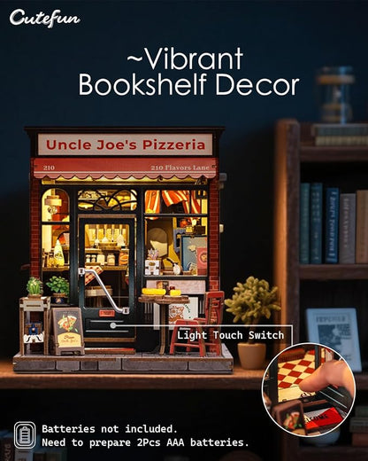 Cutefun Book Nook Kit - DIY Miniature Pizza Shop Booknook Kits for Adults and Teens, 3D Wooden Puzzle Bookend Bookshelf with LED Light, Creative Crafts Gifts for Beginners (Uncle Joe's Pizzeria)