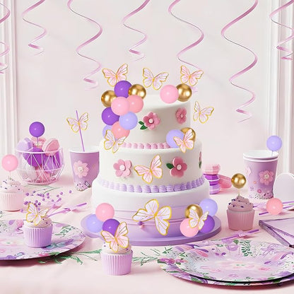 Pink Purple Butterfly Cake Toppers 47Pcs Pastel Balls Cake Toppers Butterflies Cupcake Decoration Balls Cupcake Insert Foam Balloons Cake Topper for Baby Shower Wedding Bridal Shower Party