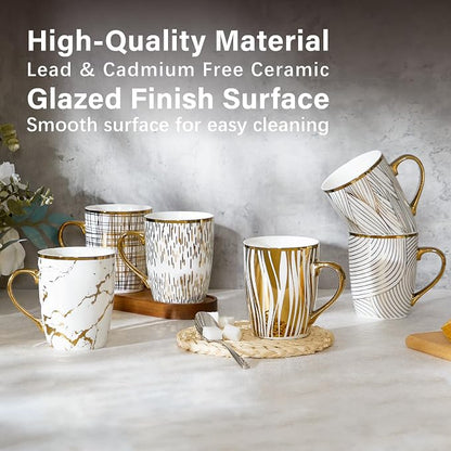 ONEMORE Coffee Mugs 18oz - Gold-Plated Ceramic Mugs for Latte, Hot Tea, Cappuccino, Mocha, Cocoa - Luxury Gold Trim Mug Set of 6, White & Gold, Multicolored