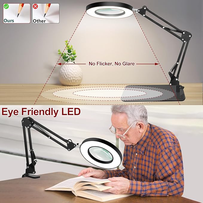 12X Magnifying Glass with Light and Stand,5 Inches 2-in-1 Lighted Magnifier with Clamp 5 Color Modes LED Desk Lamp,Hands Free for Craft Hobby Reading Painting Sewing Close Work (5 Inches)