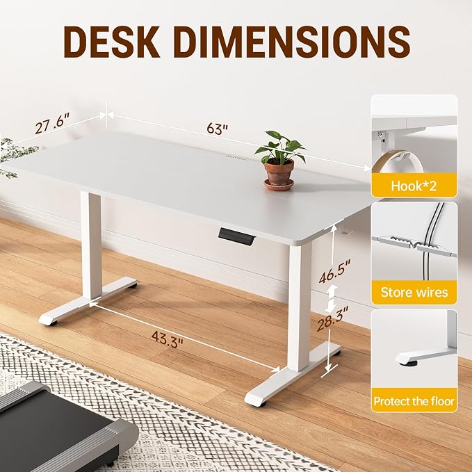 Veken Standing Desk, 63×27.6 Inch Electric Gaming Table, White | Height Adjustable Sit Stand Up Computer Tables for Home Office, Study , Writing, Suit students, employees and group work