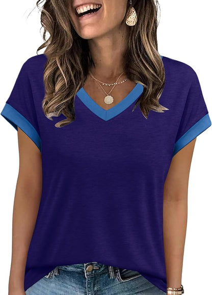 WIHOLL Womens Summer Tops 2026 Cap Short Sleeve Shirs V Neck T Shirts Fashion Beach Vacation Clothes Color Block
