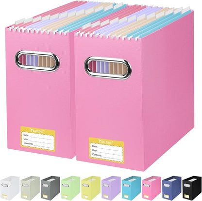 BALEINE File Organizer Box, Cardboard File Folder Organizer with Handle for Letter Size, Portable Collapsible Hanging Filing Box for Home Office Document Storage (2 Pack, Pink)