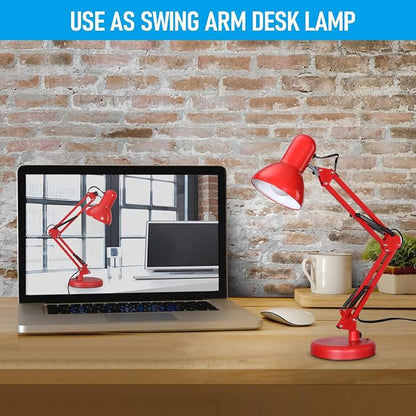 TORCHSTAR Metal Desk Lamp, Adjustable Swing Arm, E26, Red | Architect Gooseneck Multi-Joint Clip Table Lamp with Plastic Clamp, for Home Office, Work, Study, Reading, Bulbs not Included