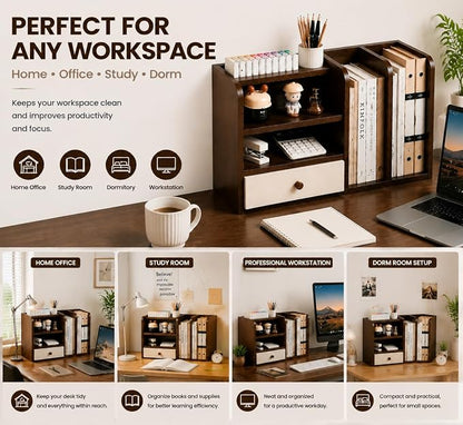Desktop Organizer with Drawer & Dual File Compartments, Multi-Functional MDF Desk Storage Rack with 3-Tier Shelves and Pen Holder, Space Saving Desk Organizer 22.0×10.6×6.7 Inch for Study Room
