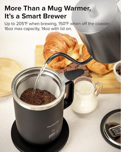Nuwave Self-Heating Coffee Mug with Charging Base, 16oz, 45201BV02 | Heated Coffee Cup, 5Hr Cordless Runtime, LED Touch Controls, Adjustable Brew Settings, Includes Stainless Steel Filter