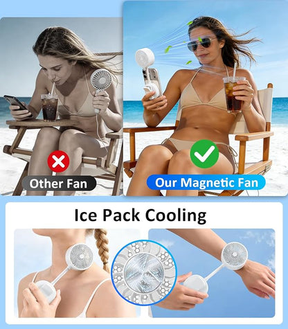 Magnetic Phone Fan with Ice Cooling, 3-in-1 Clip on Fan & Phone Stand, Rechargeable Mini Handheld Fan, 360° Flexible Gooseneck Portable Fan for Cruise Travel Desk Gym Makeup（White）