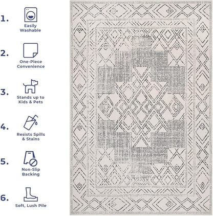 nuLOOM Mia Machine Washable Geometric Medallion Runner Rug, 2' 6" x 8', Light Grey, Rectangular