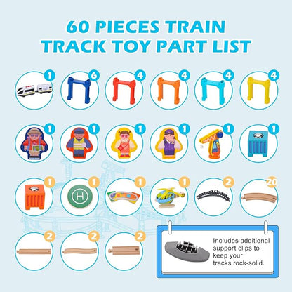60Pcs Wooden Train Track Set, 203-inch Track Length, Train Bridge Toy Set for Toddlers, Scenario Building Blocks Toddler Toys with Airplane and Magnetic Crane, Birthday Gift Ideas for Boys and Girls