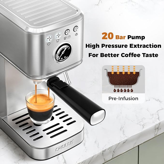 CHULUX Elite Espresso Machine for Latte, Americano and Iced Coffee, Silver | Hot and Iced Espresso, Visible Pressure Gauge, PID Temperature Control, Pre-Infusion Tech, Brushed Stainless Steel Finish