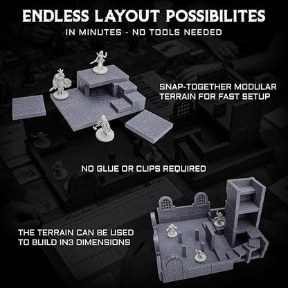 CZYY Magnetic Dungeon Tiles, 58 PCS Modular Terrain Set for RPGs, Basic Set | Double-Sided Texture, Paintable Gray Plastic, Quick Build 3D Battle Maps, Fits 25-32 mm Miniatures, Gift for DM & RPG Player