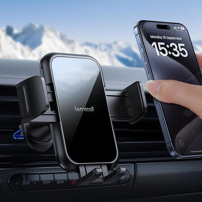 Lamicall 2026 Wider Clamp & Metal Hook Car Phone Holder Vent [Thick Cases Friendly] Phone Holders for Your Car Mount Automobile Hands Free Cradle Air Vent for iPhone 17 16 15 Pro Max Lucite Black