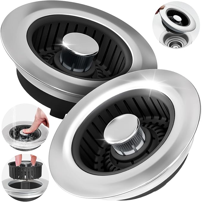 zaa 3 in 1 Kitchen Sink Drain Strainer Stopper Removable Basket Pop-Up | Kitchen Sink Accessories 2 Pack Black Stainless - Food Catcher, Odor-Blocking Seal, Fits 3.5" Drain, Easy Clean