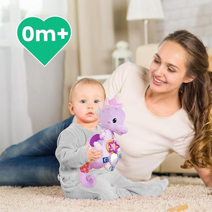 Sumobaby Infant Baby Musical Stuffed Animal Activity Soft Toys with Multi-Sensory Crinkle, Rattle and Textures, for Tummy Time Newborn 0-3-6-12 Months Girls,Seahorses - Purple with Baby Mirror