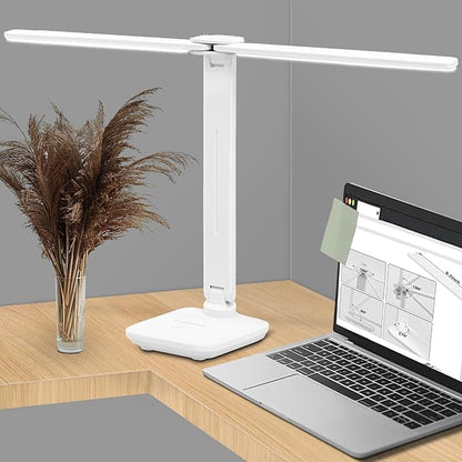 LED Desk Lamp Dimmable Double Head Reading Lamp with USB Charging Port, 3 Lighting Modes, Sensitive Control, Eye-Caring Office Lamp for Study Reading Drafting (White)
