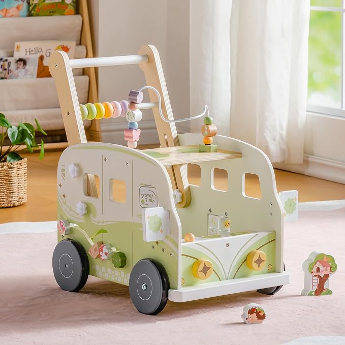 ROBOTIME Wooden Baby Walker, Baby Push Walker, Ajustable Speed Multi-Functional Baby Walker with Wheels for Babies Learning to Walk, Sit-to-Stand (Green)