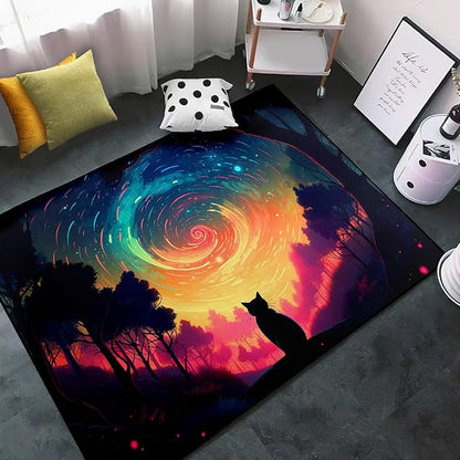 Moon Black Cat Rug - Mystical Stary Night Cat Rug for Kids Bedroom Colorful Black Cat Rug Decor Room Cat Door Mats Outdoor Entrance, 5x7 Feet