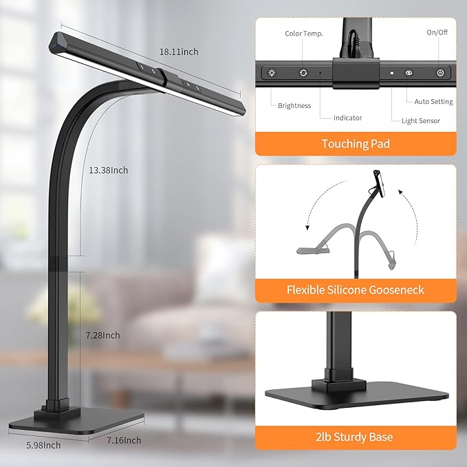 KableRika 12W LED Desk Lamp, Modern Architect Task Lamp with 6 Color Modes, Auto-Dimming, Eye-Care for Home Office, 18.1Inch Wide, 1.5m Cable, Aluminum Alloy, Black