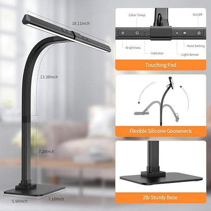 KableRika 12W LED Desk Lamp, Modern Architect Task Lamp with 6 Color Modes, Auto-Dimming, Eye-Care for Home Office, 18.1Inch Wide, 1.5m Cable, Aluminum Alloy, Black