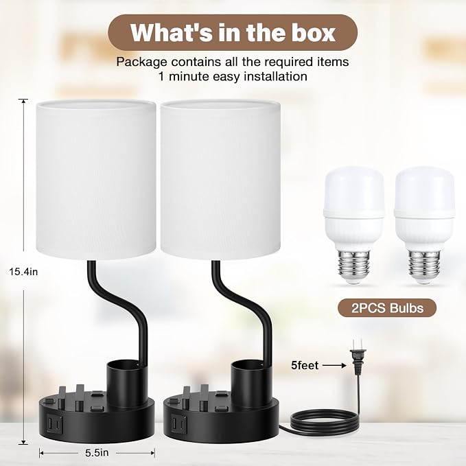 Fenmzee Bedside Lamps for Bedroom Set of 2 - Table Desk Lamp for Nightstand | 15" Table Lamp for Living Room with Pen Holder & Phone Stand, USB A+C Port, AC Outlet, 3 Color Temperature, LED Bulb Included