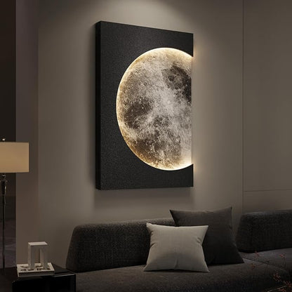 Large 3D LED Moon Wall Art, Modern Minimalist Backlit Lighted Lunar Artwork for Walls, Vertical Contemporary Black Textured Paintings for Living Room Bedroom Dining Room Hallway Entryway Wall Decor 24x36 In