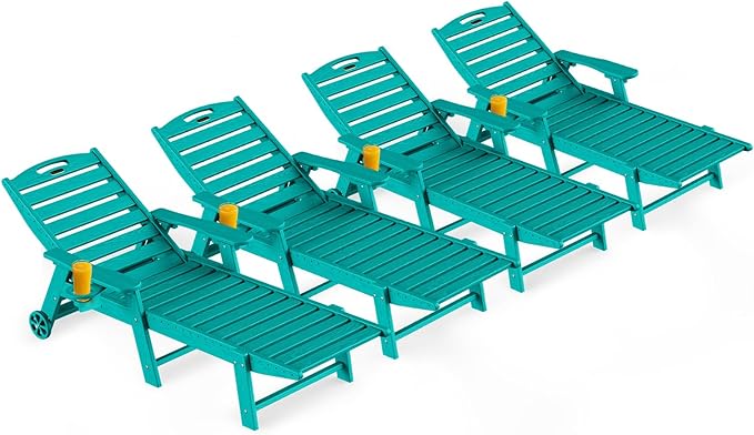 Outdoor Lounge Chair Set of 4, All Weather Patio Chaise Lounge Chair for Outside, HDPE Chair with Rolling Wheels & Cup Holder, 5 Position, Deck, Pool, Lake Blue