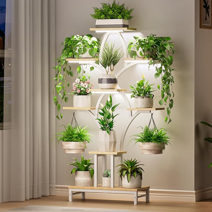 Plant Stand Indoor with 4 Grow Lights - 63" Tall Plant Shelf- 8 Tiered Corner Plant Flower Stands Display Shelves for Home, Patio (White)