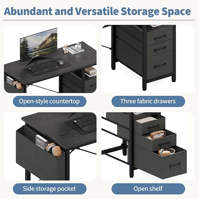 DUMOS 39 Inch Small Computer Desk with Storage, Fabric Drawers | Writing Table, Side Pocket, Space Saving Workstation, Home Office, Gaming Setup, Dorm Apartment, Black
