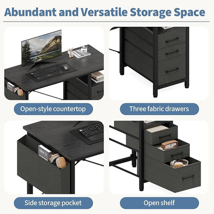 DUMOS 39 Inch Small Computer Desk with Storage, Fabric Drawers | Writing Table, Side Pocket, Space Saving Workstation, Home Office, Gaming Setup, Dorm Apartment, Black