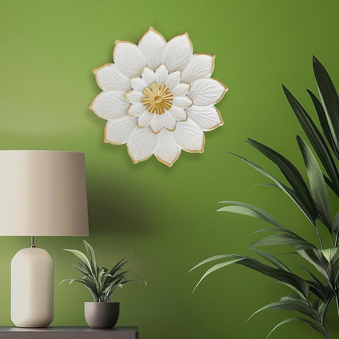 LIFFY 9.2“ White and Gold Metal Flower Wall Art, Modern Rustic Floral Decor for Indoor Living Room Bedroom Office Outdoor Garden Patio Yard