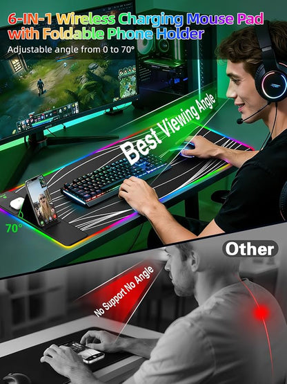 Mouse Pad with Foldable Phone Holder & Wireless Charger, XXL RGB Gaming Mousepad 31.5"x15.8" Large Desk Mat for Keyboard, Black Desk Pad with Dual Qi Charging Station | 11 Colors 5 Modes