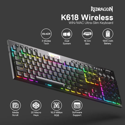 Redragon K618 PRO Wireless Ultra-Thin Gaming Keyboard, Macro & Media Scroll | 0-Delay Tri-Mode, 5 On-Board Keybinding G Buttons for MMO MOBA Games, Dedicated Media Control, Easy-Switch Win/Mac Compatible