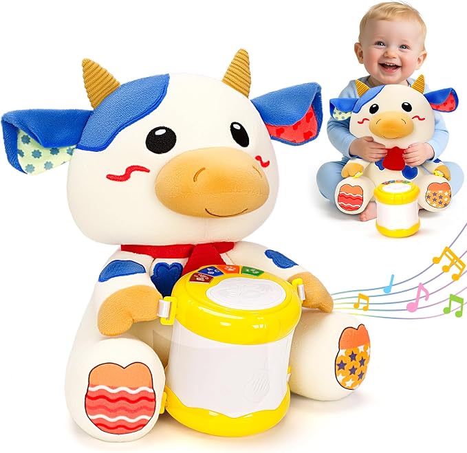 V-Opitos Stuffed Cow Musical Toys for Baby 6-12 Months+, Early Learning Light up Music Drum, Perfect Christmas Birthday Gifts for Boy & Girl Age 1, 2 Years Old