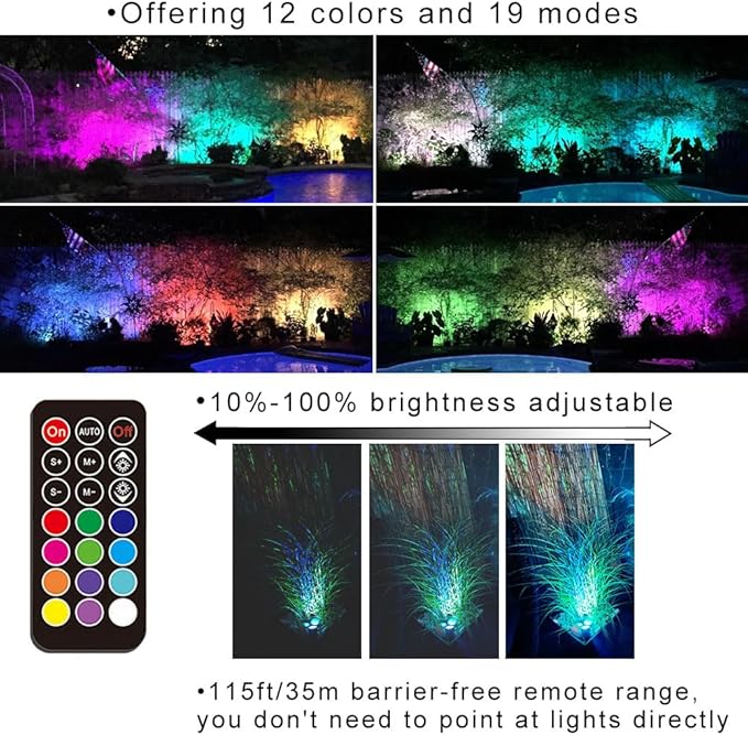 Landscape Lighting, 24W RGB Spot Lights Outdoor for Yard with Transformer & Remote 12 Colors and 19 Modes Outdoor Lights for House Lawn Tree Flag Garden Driveway Backyard Fence Plant, 4 Pack