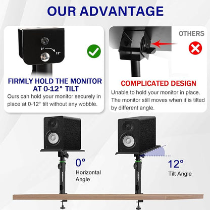 Vondynote Pair of Desktop Clamp Speaker Stands 12°Tilt, Cable Management | Heavy Duty Studio Monitor Stands, 12°Tilt, 13"-16.8" Height Adjustable, Cable Management