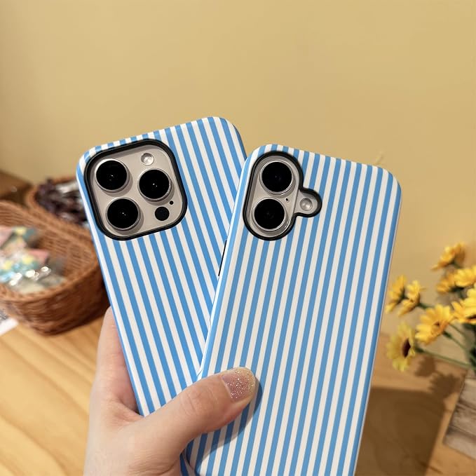 for iPhone 16 Pro Max Case Striped Cute Aesthetics Phone Case Trendy Protective Shockproof Cover for iPhone 16 Pro Max Blue White