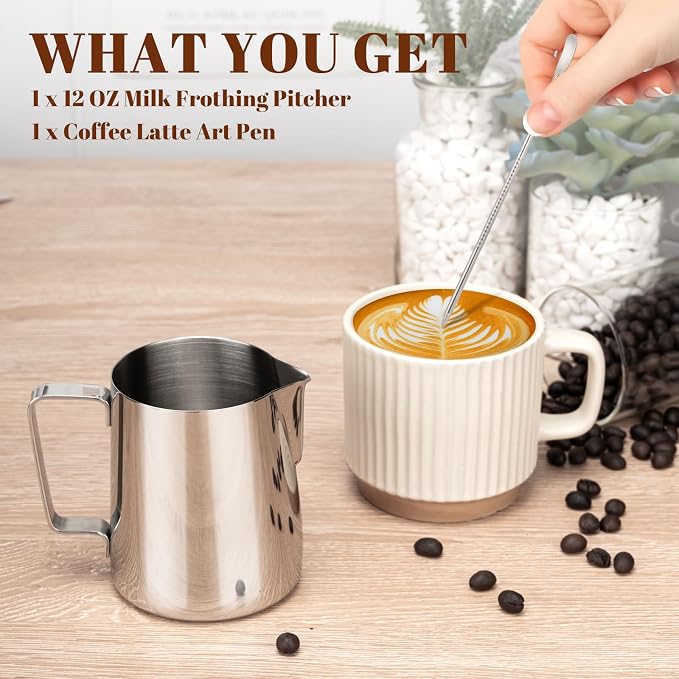 Amrules Milk Frothing Pitcher, 12oz Milk Frother Cup with Clear Scale, 304 Stainless Steel Cappuccino Espresso Machine Accessories for Barista Coffee Bar with Latte Art Pen, Silver