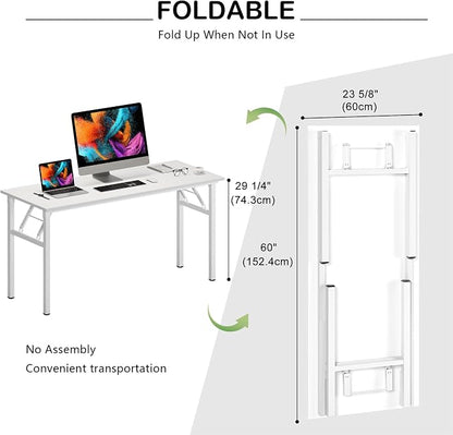 Need Office Computer Desk 60 Inch Sturdy Folding Laptop Table White | White Frame Writing Gaming Work Table/Foldable Home Office Desk/Sewing Table, No Assembly Required