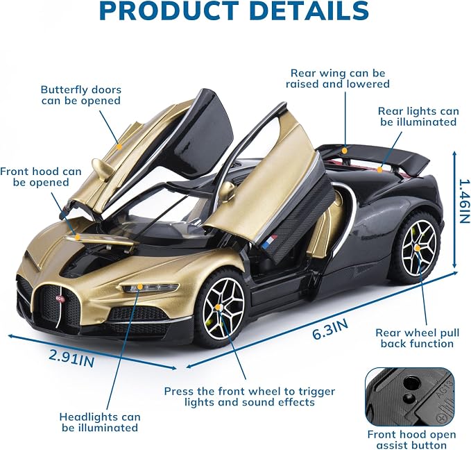 Car Toys for Boys 1 32 Diecast Cars Collectibles Car Model Kit,Metal Toy Car for Boys and Girls,Pull Back Cars with Lights and Sounds,Cars for Kids Ages 3-5（Gold）