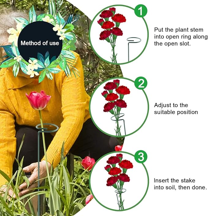 HiGift 5 Pack Plant Support Stakes, Garden Single Stem Flower Support Stick Metal Amaryllis Plant Cage Support Rings with 10pcs Plant Clips for Orchid Lily Peony Rose Stem (40 cm/16 inch Long)