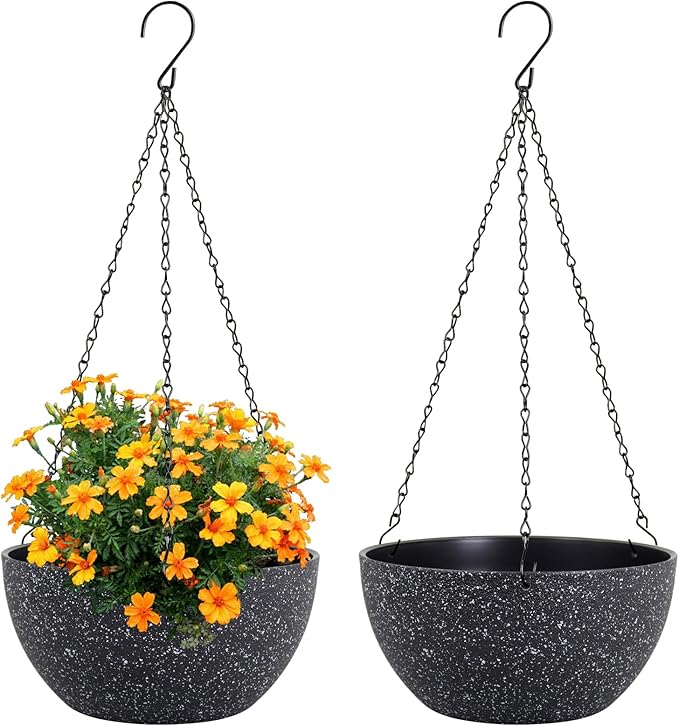 8 inch Small Hanging Planters for Indoor Outdoor Plants, 2 Pack Hanging Flower Plant Pots with Drainage Holes and Chain for Porch, Plastic Hanging Baskets for House Plants, Speckled Black