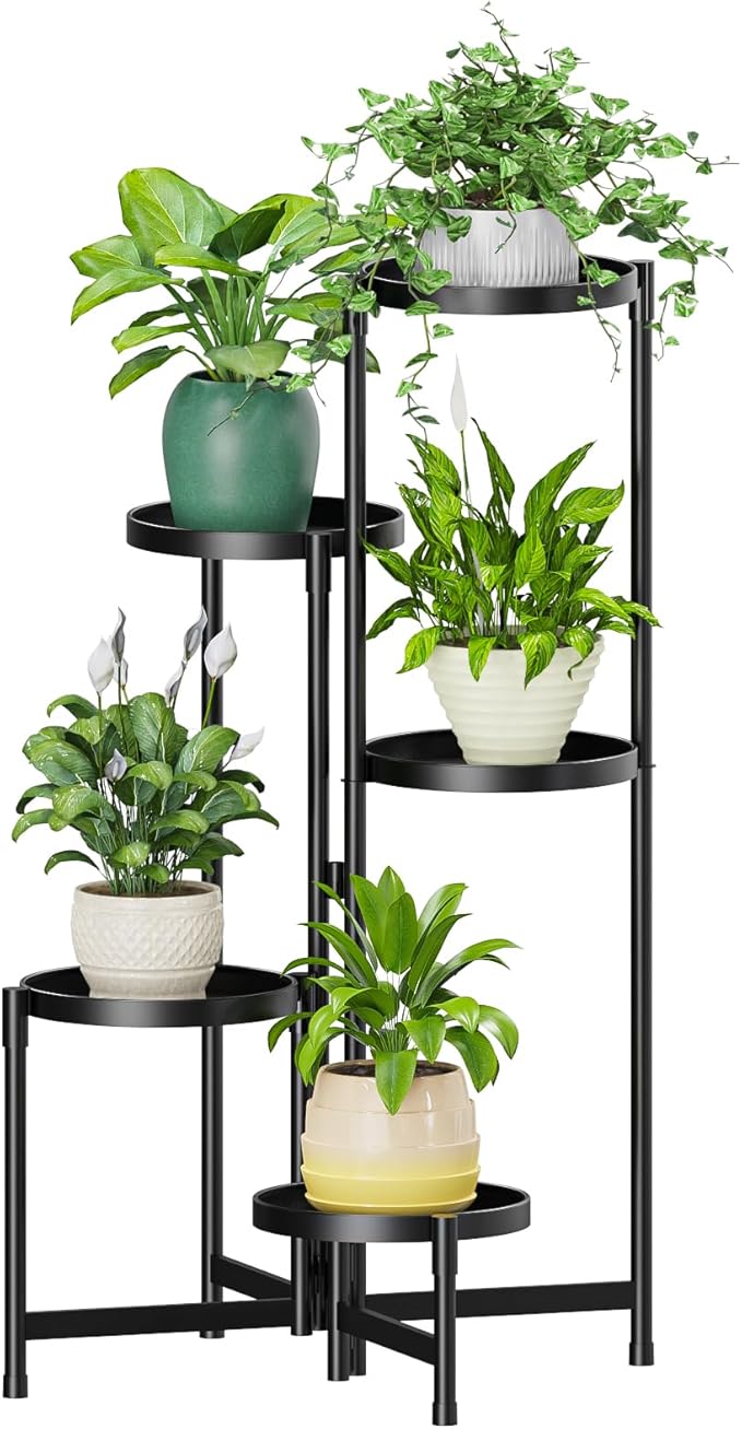 MOKANI Metal Plant Stand Indoor Outdoor for Multiple Plants, 5 Tiered Folding Corner Shelf Tall Flower Pot Holder Display Rack for Patio Living Room Balcony Garden, Black