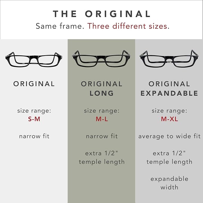 Clic Magnetic Reading Glasses - Adjustable Neck Hanging Readers - Secure Fit with Rigid Headband - Original Expandable (M-XL, Black, 2.00)