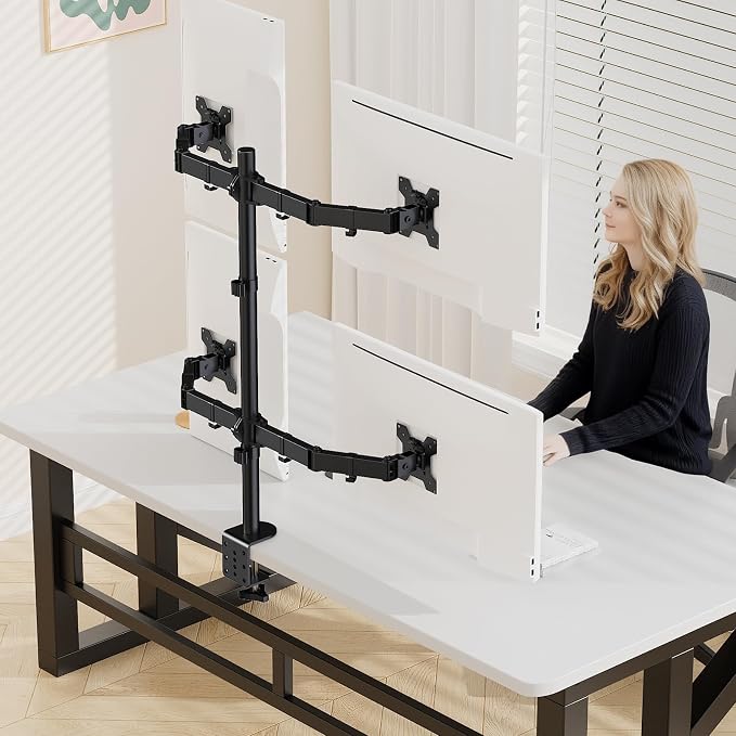 Black Quad Monitor Arm Mount for 13-27 Inch Screens | Ultrawide Screens Up to 34 inch Fully Adjustable Stand with C-Clamp/Grommet Base Max VESA 100x100 Each Screen Capacity 22lbs