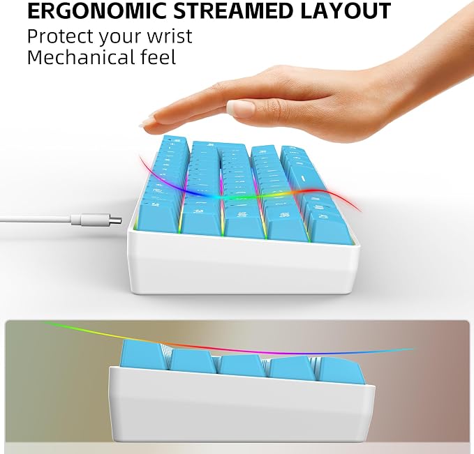 Snpurdiri 60% Wired Gaming Keyboard, 61 Keys RGB (Blue) | Small Ultra-Compact Backlit 60 Percent Gaming Keyboard for PC/Mac Gamer, Typist, Travel, Easy to Carry on Business Trip
