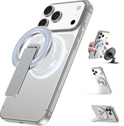 Double-Sided Magnetic Phone Stand Grip, Strong Magnetic Kickstand Desk Holder for Mag&Safe and Smartphone, Foldable Adjustable Design, Silver