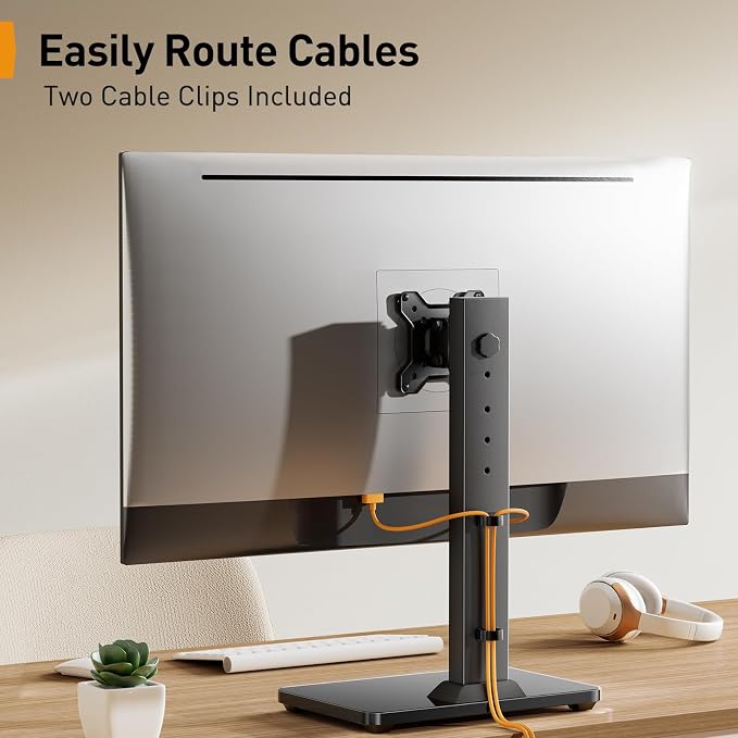 Perlegear Single Monitor Stand for 13–34 inch Screens up to 44 lbs | Heavy-duty steel, swivel, tool-free tilt, 360° rotation, 5 height settings, cable management, max VESA 100x100mm, home office