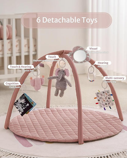 Blissful Diary Baby Play Gym Mat, Tummy Time Activity Mat with 6 Detachable Toys for Skill Development, Baby Essentials Gift, Soft Pink